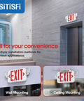 LED Combo Emergency Exit Sign With Two Adjustable Head Lights And Backup Battery US Standard Red Letter Commercial Safety Lighting UL 924 AC 120 277V 2 Pack Kit mounted on wall and ceiling.