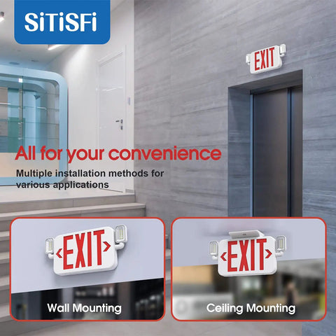 LED Combo Emergency Exit Sign With Two Adjustable Head Lights And Backup Battery US Standard Red Letter Commercial Safety Lighting UL 924 AC 120 277V 2 Pack Kit mounted on wall and ceiling.