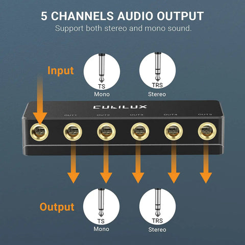Passive One Quarter Inch Audio Splitter Box With Five TRS TS Outputs For Guitar Signal and Stereo Mono Support