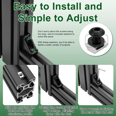 36 Piece 2020 Series Aluminum Extrusion Connector Kit With Black 2028 Corner Bracket 74 M5 T Nuts And Screws Washers And Allen Wrench Heavy Duty Pro Grade Build For 20S Aluminum Rail Systems installed on 2020 aluminum profile