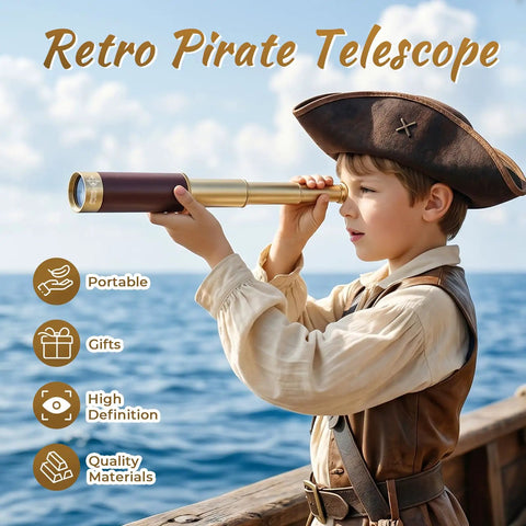 Old School Pirate Spyglass Monocular Telescope 25x30 Zoomable Pocket Size Handheld Collapsible With BAK4 Lens Leather Grip For Kids And Outdoor Explorers For Camping Trips And Sailing, child using it