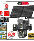 Heavy Duty 4G Solar PTZ Outdoor Security Camera with dual solar panels for off-grid, ultra HD 20MP surveillance features.