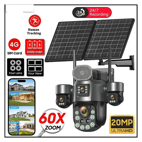 Heavy Duty 4G Solar PTZ Outdoor Security Camera with dual solar panels for off-grid, ultra HD 20MP surveillance features.
