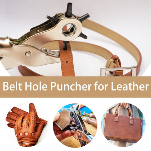 Nine Inch Heavy Duty Leather Hole Punch Tool With Six Hole Sizes 1.5mm Through 5mm, shown punching a leather belt