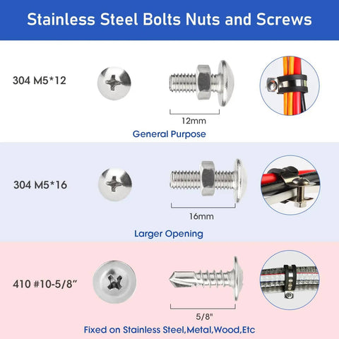 134 Piece Cable Clamps Assortment Kit With 304 Stainless Steel Rubber Cushioned P Clamps And Screws In Five Sizes One Quarter Inch To One Inch For Auto Marine And Home Wire Management Pro Grade, featuring stainless steel bolts.