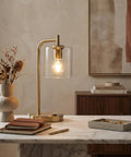 Vintage Brass Nightstand Desk Lamp With Wireless Charging Pad And USB Port LED Bedside Reading Lamp on marble table
