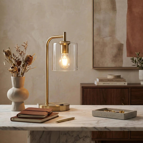 Vintage Brass Nightstand Desk Lamp With Wireless Charging Pad And USB Port LED Bedside Reading Lamp on marble table