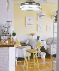 Retractable Ceiling Fan With Light And Bluetooth Speaker, Silent Motor LED Chandelier Style, in modern kitchen dining area.