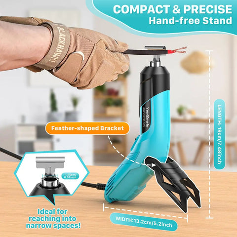 Powerful Mini Heat Gun With Dual Temps 554 F And 896 F 350W Hot Air Tool in blue with reflector nozzle and glove for crafts use.