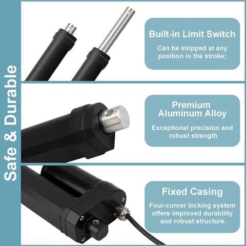 Straight Shooting 12v Dc Electric Linear Actuator showcasing built-in limit switch and premium aluminum alloy construction.