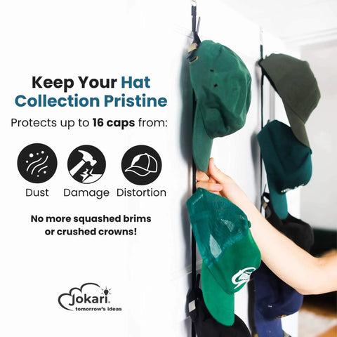 Person adjusts Over The Door Cap Rack Organizer 2 Pack Holds Up To 16 Hats, Easy Tool-Free Install with caps displayed