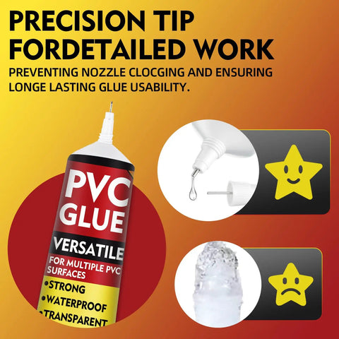 Close-up of waterproof air mattress patch repair kit PVC glue with precision tip and two quality star ratings.