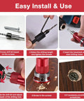 5 Piece HSS Countersink Drill Bit Set Featuring No-Nonsense Quick Adjust Depth Control And Lock-Tight Bearing Stopper 82 Degree images showing installation steps for countersinking screws.