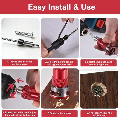 5 Piece HSS Countersink Drill Bit Set Featuring No-Nonsense Quick Adjust Depth Control And Lock-Tight Bearing Stopper 82 Degree images showing installation steps for countersinking screws.