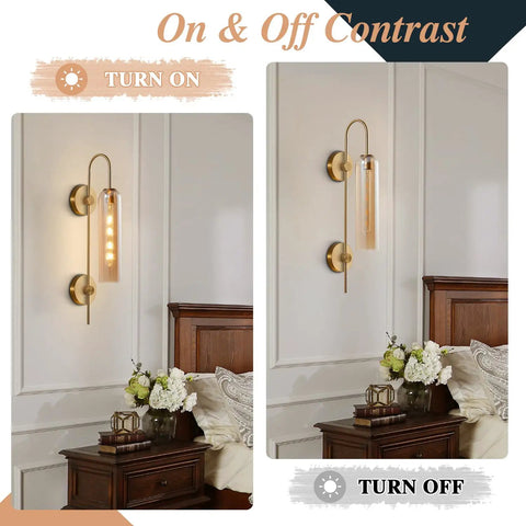 Amber Glass Wall Sconce With Brass Tube, 1 Light Modern Mid Century Vanity Fixture on and off in bedroom setting