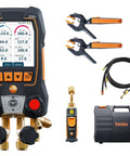 Pro Grade HVAC Manifold Gauge Set For AC Systems With Two 115i Pipe Clamp Thermometers One 552i Vacuum Probe Four Hoses Four Way Valve USB C And Bluetooth App Connectivity For Accurate Temperature And Pressure Readings, case and probes