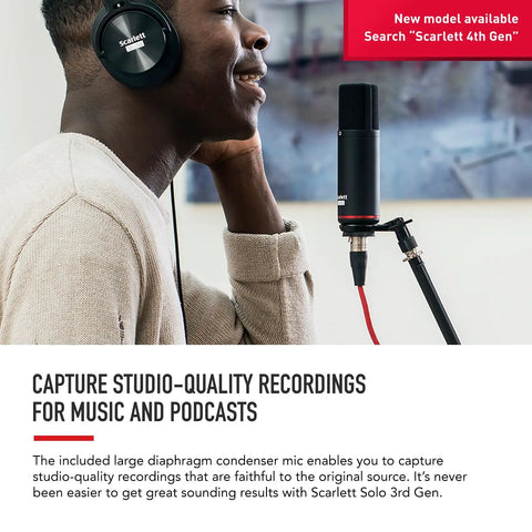 Person using Scarlett Solo Studio 3rd Gen USB Audio Interface Bundle with microphone and headphones for recording