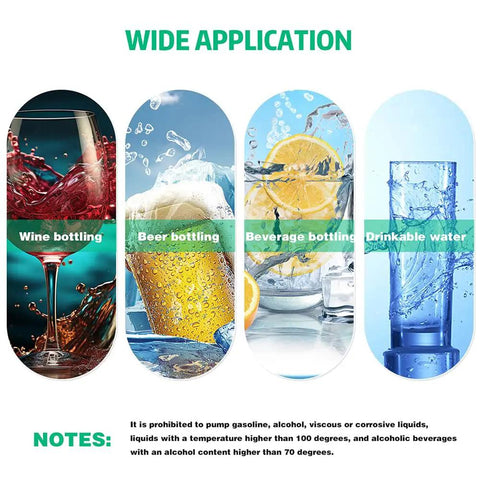 USB Powered Siphon Pump For Home Brewing And Beverage Transfer, Self Priming, 5V, Wide application shown with drinks.