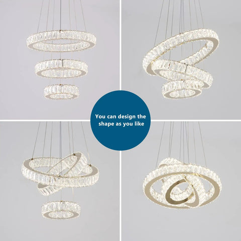 Dimmable Dope Modern LED Chandelier With Three Ring Pendant Lights, Crystal Rings for flexible designs in various configurations.