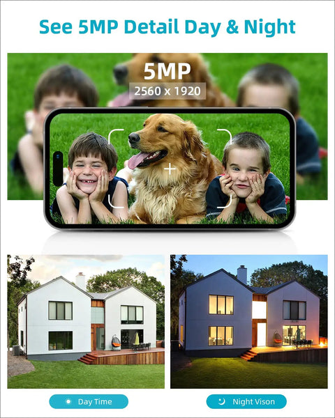 5MP daytime and nighttime images captured by Solar Powered Wireless Outdoor Security Camera With Spotlight, Clear Night Vision, Pan Tilt 360 Degrees, Two Way Audio, Human Detection, 2.4Ghz WiFi Compatible, No Wiring Needed And Battery Keeps It Charged