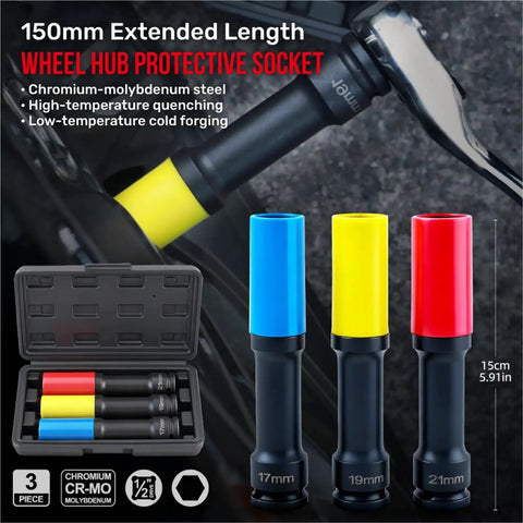 3-Piece 1/2-Inch Drive Deep Impact Socket Kit With 17 19 And 21mm Hex Bits For Auto Repair That Keeps You Moving Fast In The Shop Or On The Road Without Breaking The Bank. 150mm Cr-Mo wheel hub sockets in case