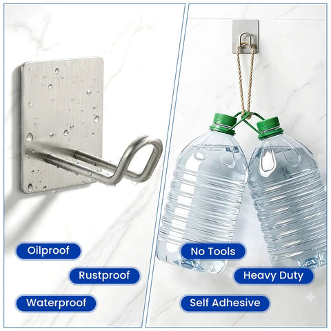 Super Strong Adhesive Hooks With Extended Stainless Steel Bar For Heavy Duty Wall Mount holding two water bottles securely.