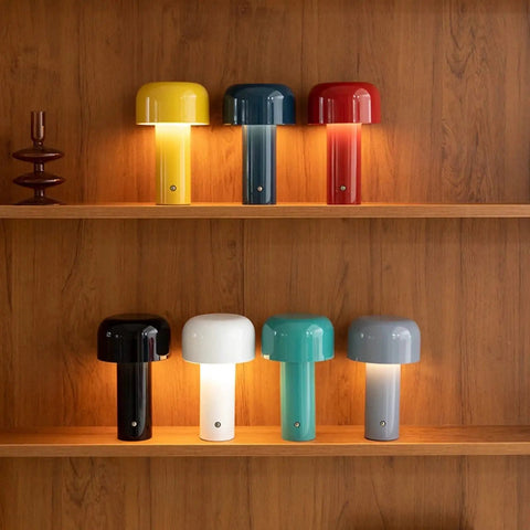 Shelves showcasing Cordless USB Rechargeable Desk Lamp With Touch Dimming, Mushroom Night Light, 3 Color Temp Modes, in red and other colors.
