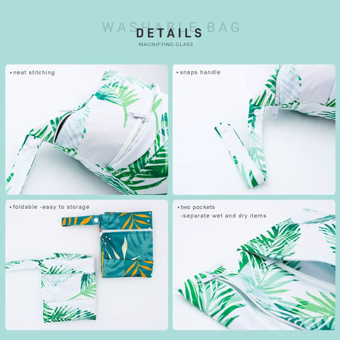 Two Pack Waterproof Wet Bags With Two Zippered Pockets Reusable Travel Beach Pool Diaper Organizer 11.5 x 14 inches green leaf