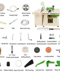 Heavy Duty 1380W Lapidary Saw Kit with Water-Cooled Table showing various blades, tools, accessories for rock and gem cutting.