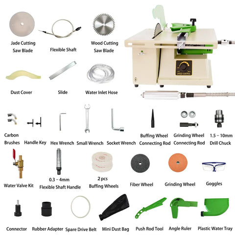 Heavy Duty 1380W Lapidary Saw Kit with Water-Cooled Table showing various blades, tools, accessories for rock and gem cutting.