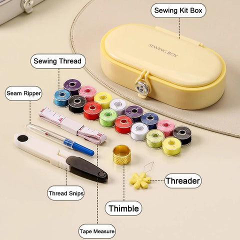 Grab And Go Travel Sewing Kit With Round Case Emergency Repair Gear With Needles Thread Scissors Thimble in yellow open case