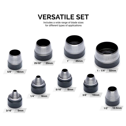 Interchangeable Large Hollow Hole Punch Tool Set, 10 Piece for Gasket Making and Leather Punching with various blade sizes displayed