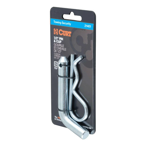 Half Inch Trailer Hitch Pin And Clip For One And A Quarter Inch Receivers, Easy Grip 105 Degree Bend, in retail packaging