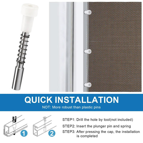 Twenty Piece Window Screen Plunger Latches, Top Notch Aluminum Alloy Spring Push Pins installation instructions with plunger pin.