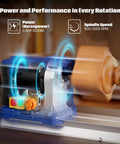 Badass Benchtop Wood Lathe Featuring A Solid 600 Watt Motor For Effortless Spinning And Flawless Detail Work Made For Weekend Tinkerers And Pro Level Woodcrafting Pros displayed with its motor and spinning wood detail.