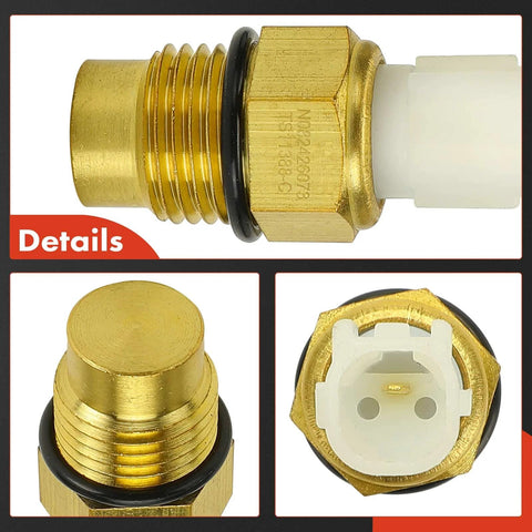 A-Premium 1-pin engine coolant temperature sensor with brass threaded body and white plug (front/side/close-up views).