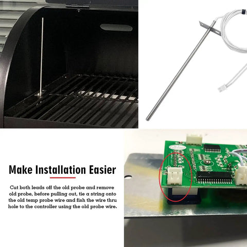 RTD Temperature Probe Replacement For Pellet Grills - Internal BBQ Thermometer Sensor For Wood Pellet Smokers Compatible With Woodwind DLX Series Replaces Part PG24-44 in grill and circuit board setup details