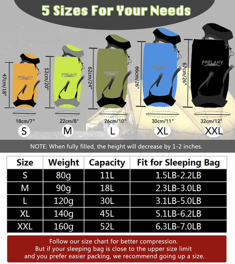 Sizes of Ultralight Compression Sack For Sleeping Bags 11L 18L 30L 45L, Water Resistant And Space Saving Stuff Sack chart