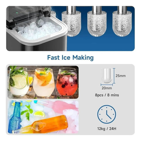 No Fuss Portable Countertop Ice Maker With Sturdy Carry Handle And Easy Self Cleaning Cycle Fast Freeze Compact Ice Machine producing ice cubes in minutes.