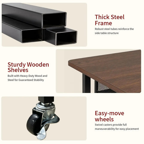Slick Rolling Three Tier Coffee Station Cart With Built In Power Panel And Roomy Storage Shelf For Mastering Your Daily Grind And Charging Tech Without Hassle, showcasing steel frame and wooden shelves.