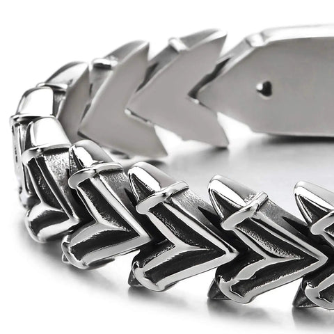 Close-up of Mens Stainless Steel Vintage V Shape Arrowhead Link Bracelet With Box Spring Clasp Biker Style Polished And Blackened