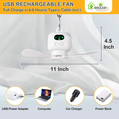 Portable 11 Inch Battery Operated Ceiling Fan With Lights For Camping And RV Life, USB charging options shown