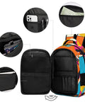 Interior view of Vibrant Dual Tone Orange Cyan Patchwork Cow Print Unisex Backpack highlighting compartments and capacity.