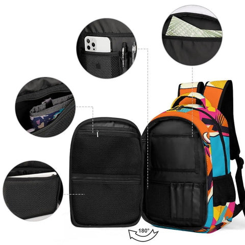 Interior view of Vibrant Dual Tone Orange Cyan Patchwork Cow Print Unisex Backpack highlighting compartments and capacity.