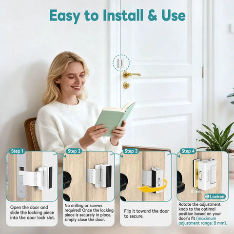 Installation steps for Upgraded Portable Security Door Reinforcement Lock No Drilling Flip Latch featuring a woman reading instructions