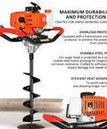 Beast Of A Gas Powered Post Hole Digger With 62cc Two Stroke Engine Earth Auger Kit Includes 3 Drill Bits 3 Inch 6 Inch 8 Inch And 3 Extension Rods For Fence Posts Trees And Garden Projects, showcasing the orange auger drilling into soil.
