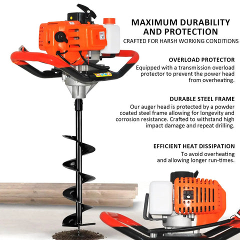 Beast Of A Gas Powered Post Hole Digger With 62cc Two Stroke Engine Earth Auger Kit Includes 3 Drill Bits 3 Inch 6 Inch 8 Inch And 3 Extension Rods For Fence Posts Trees And Garden Projects, showcasing the orange auger drilling into soil.