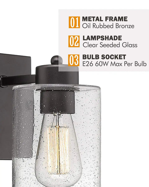 Close-up of 2 Pack Oil Rubbed Bronze Wall Lights With Clear Seeded Glass Mid Century Modern Vibe showing bulb socket and shade