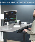 Large Height Adjustable Under Desk Keyboard Tray With Straight Up Smooth Glide Slide Out Platform Zero Hassle Ergonomic Typing Setup Rich Matte Black Computer Drawer in use at a modern workstation.