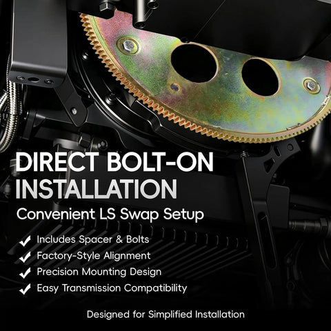 Plug And Play Flexplate Adapter Kit For LS Engine Swaps And Transmissions, Compatible With TH350 200-4R 700R4 And 4L60, Built For Gen III LS Builds, Durable Steel Construction, Ready To Rock Your Next Car Project. Direct bolt-on LS swap flexplate adapter kit with spacer and bolts